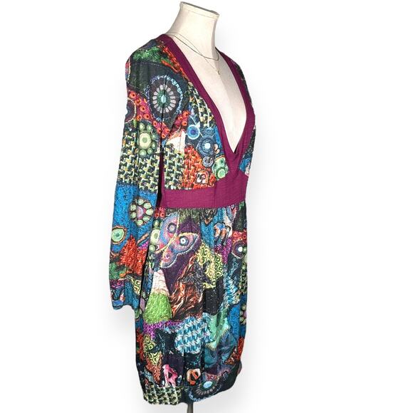 DESIGUAL Cocktail Dress Made in Spain Long Sleeve Tribal Festival Red V-Neck - Picture 3 of 11